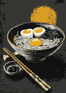 Ramen Bowl with Eggs and Chopsticks