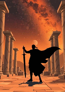 Silhouette Warrior with Sword and Cape