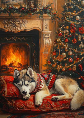 Sleeping Husky Dog by Fireplace Christmas Scene