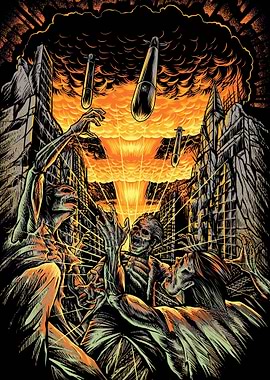 Apocalyptic Cityscape with Bombs and Figures