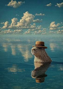Capybara in Water with Hat