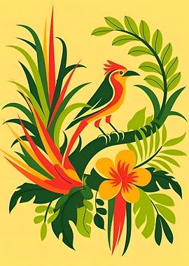 Tropical Bird and Floral Illustration