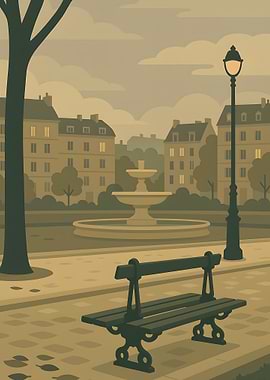 Park Scene with Bench and Fountain