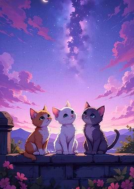 Three Cats Gazing Night Sky