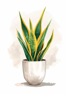 Watercolor Snake Plant in White Pot