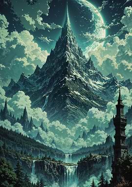 Mystical Spire of Aethel: Epic Mountain Landscape Under the Cosmic Moon