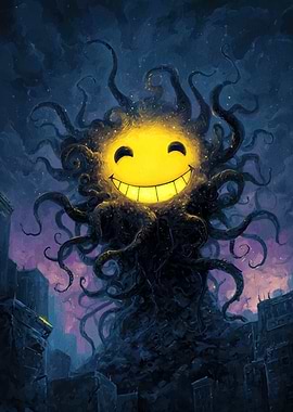 Tentacled Smiley Face in Dark Cityscape