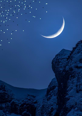 Crescent Moon Over Mountain Landscape
