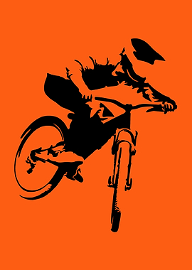 Mountain biker silhouette on orange background