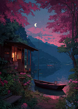 Lakeside Cabin at Night