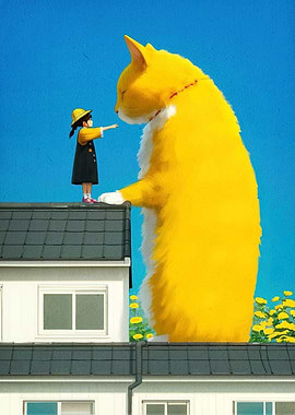 Girl Giant Cat Roof