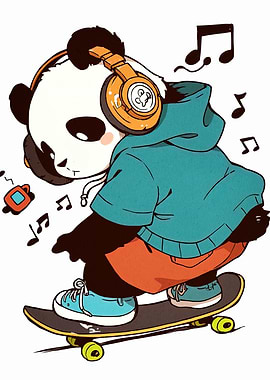 Panda Skateboarder with Headphones