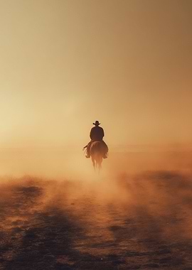 Cowboy Riding Horse in Golden Light