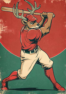 Deer Baseball Player Cartoon Illustration