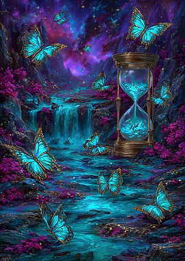 Hourglass, Butterflies, and Magical Landscape