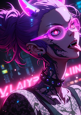 Demon Girl with Neon Horns