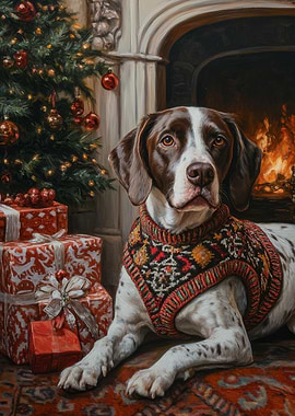 German Shorthaired Pointer Dog in Christmas Sweater by Fireplace