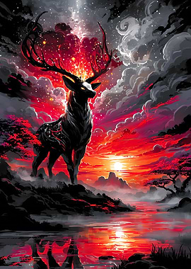 Mystical Deer in Red Landscape