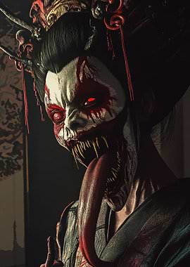 Creepy Geisha with Red Eyes