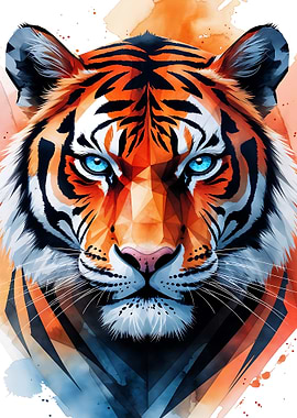 Watercolor Tiger Portrait with Geometric Details
