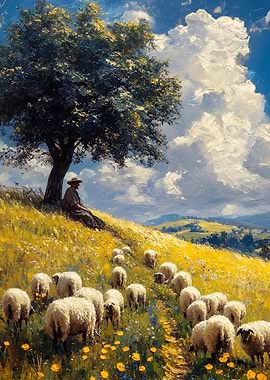 Shepherd and Sheep in Sunny Landscape