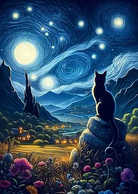 Starry Night Cat Landscape
