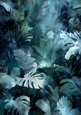 Teal Tropical Leaves Pattern