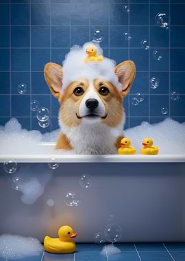Corgi in Bubble Bath with Ducks