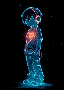 Neon Boy with Headphones and Heart