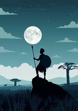 African Warrior Silhouette Under Moonlight