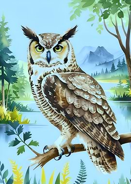 Watercolor Owl in Nature