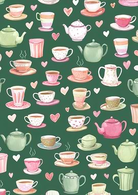 Teacups and Teapots Pattern on Green