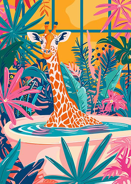 Giraffe in Bathtub Surrounded by Plants