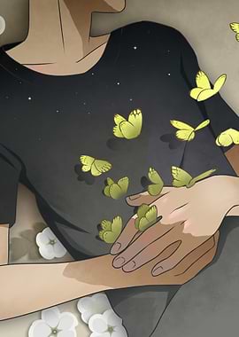 person with butterflies and floral background
