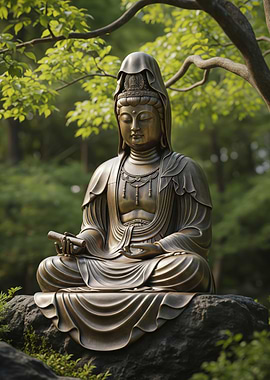 Bronze Buddha Statue in Serene Garden