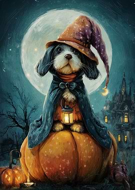 Dog Wizard on Pumpkin Halloween Night