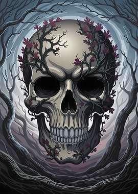 Skull with Vines in Forest Illustration
