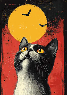 Halloween Cat with Bats and Moon