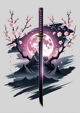 Katana with Cherry Blossoms and Moon