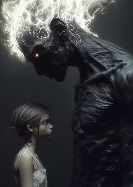 Girl and Monster with Glowing Hair