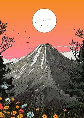 Mountain Landscape with Moon and Flowers