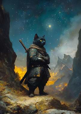 Samurai Cat Warrior in Mountain Landscape