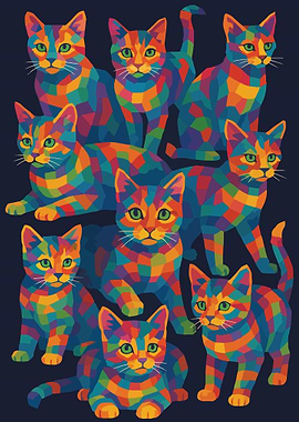 Colorful Geometric Cats on Dark Background