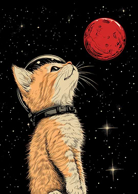 Astronaut Cat Gazing at Red Planet
