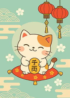 Lucky Cat with Lanterns Illustration