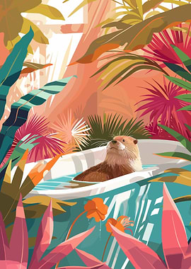 Otter in Bathtub Surrounded by Foliage