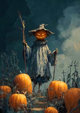 Halloween Pumpkin Scarecrow in a Field