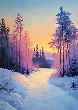 Winter Forest Sunset Painting