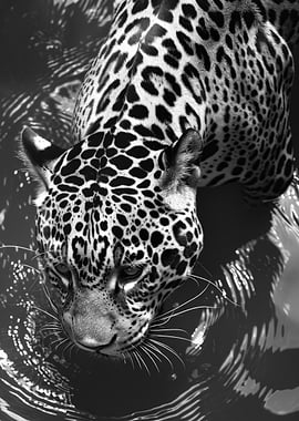 Jaguar in Water, Black and White