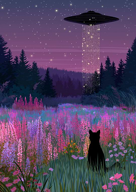 Cat, UFO, and Flower Field